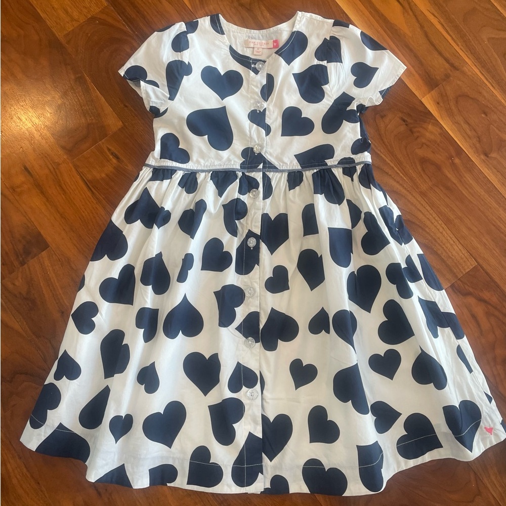Pink Chicken Fatima Dress. Navy Tossed Hearts.